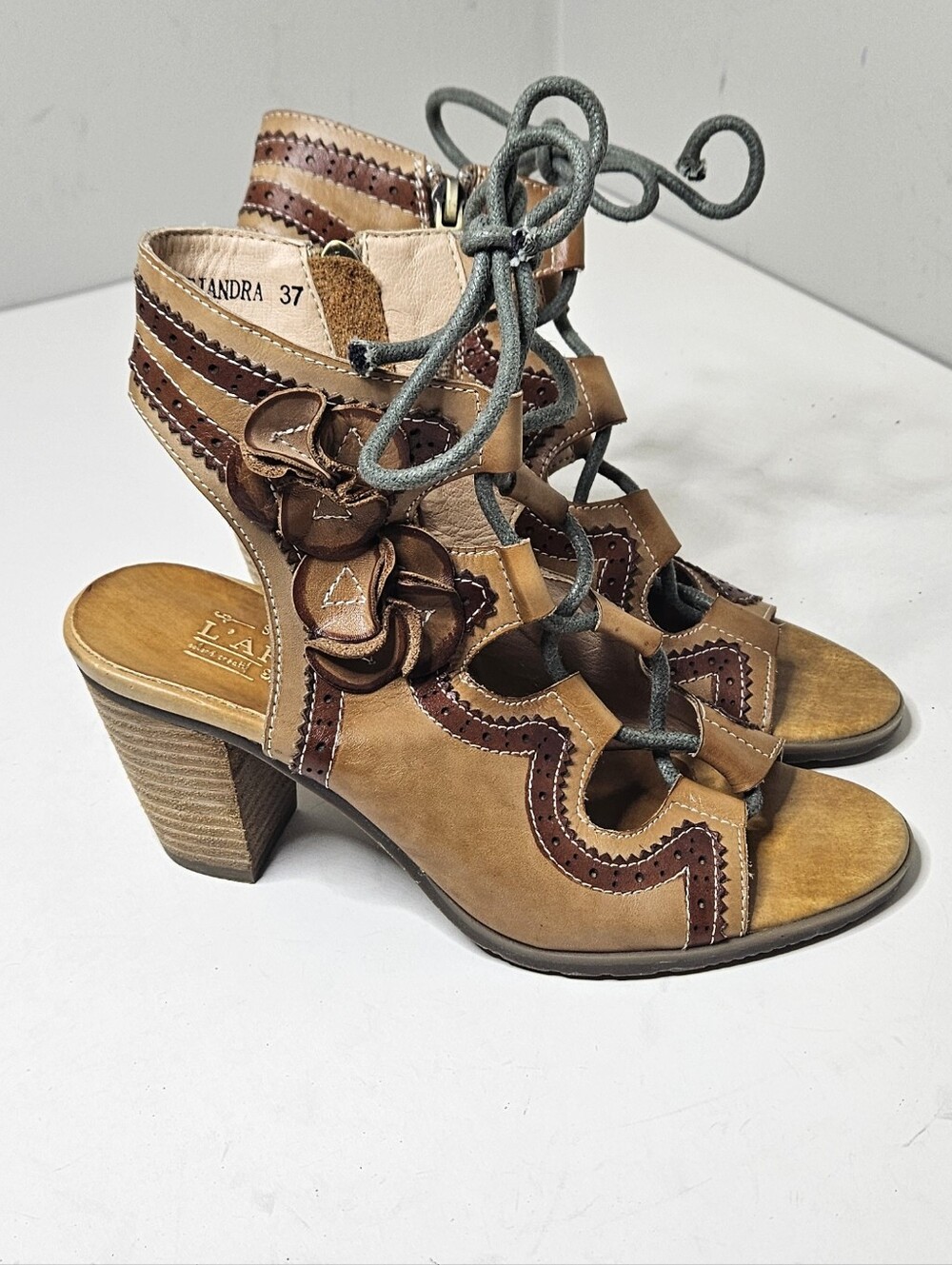 L'Artiste Spring Step Sandals Alejandra Lace Up Heeled Brown Tan  Leather 37 7